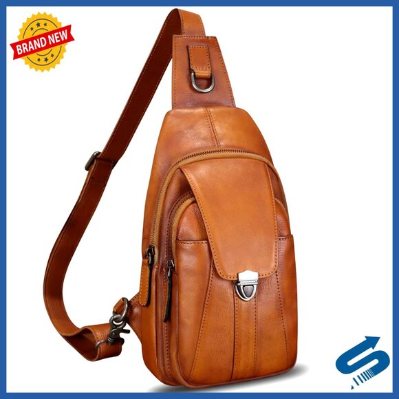 Genuine Leather Crossbody Sling Backpack Daypack with 5 Pockets